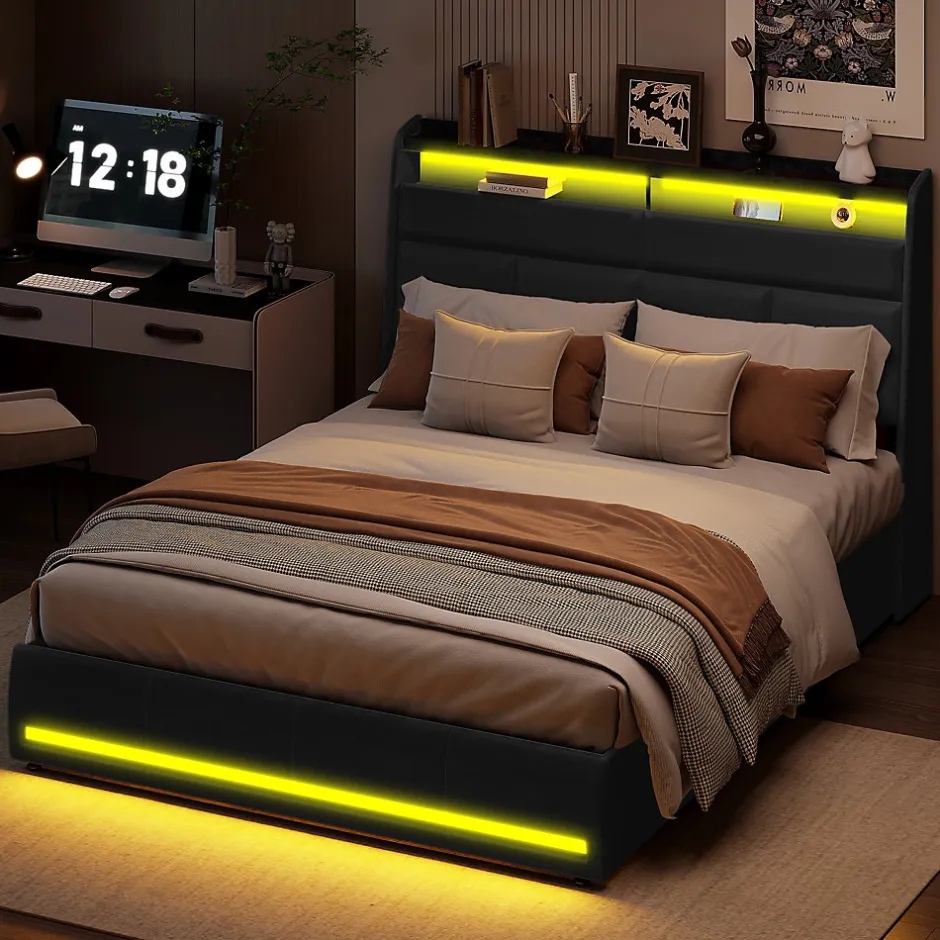 Simple Life Lit Coffre 160x200 Avec Sommier Et USB, LED, Cadre De Lit Avec Rangement Et Tete De Lit, Noir
