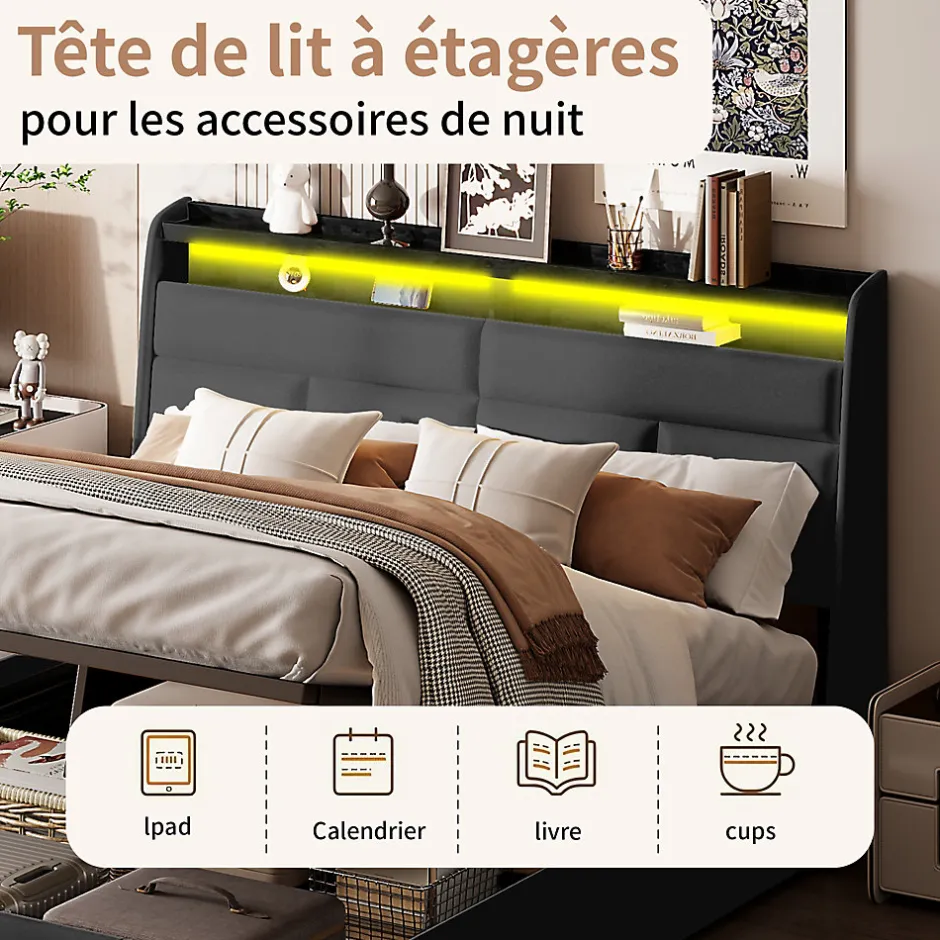 Simple Life Lit Coffre 160x200 Avec Sommier Et USB, LED, Cadre De Lit Avec Rangement Et Tete De Lit, Noir