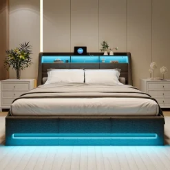 Simple Life Lit Coffre 160x200 Avec Sommier, Lit Coffre Avec Port USB De Type C, Éclairage LED, Lin, Gris