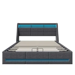 Simple Life Lit Coffre 160x200 Avec Sommier, Lit Coffre Avec Port USB De Type C, Éclairage LED, Lin, Gris