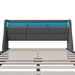 Simple Life Lit Coffre 160x200 avec Sommier, Lit Coffre avec Port USB de Type C, éclairage LED, Lin, Gris Sale