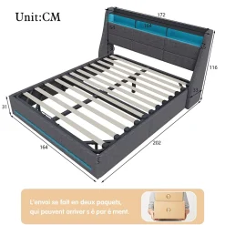 Simple Life Lit Coffre 160x200 avec Sommier, Lit Coffre avec Port USB de Type C, éclairage LED, Lin, Gris Sale