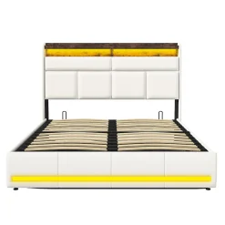 Fortuna lai lit Coffre 160x200 avec sommier et USB, LED, Cadre de lit avec Rangement et Tete de Lit, Blanc Online