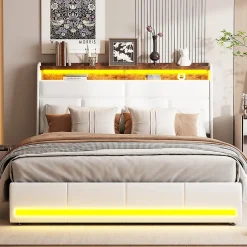 Fortuna lai lit Coffre 160x200 avec sommier et USB, LED, Cadre de lit avec Rangement et Tete de Lit, Blanc Online