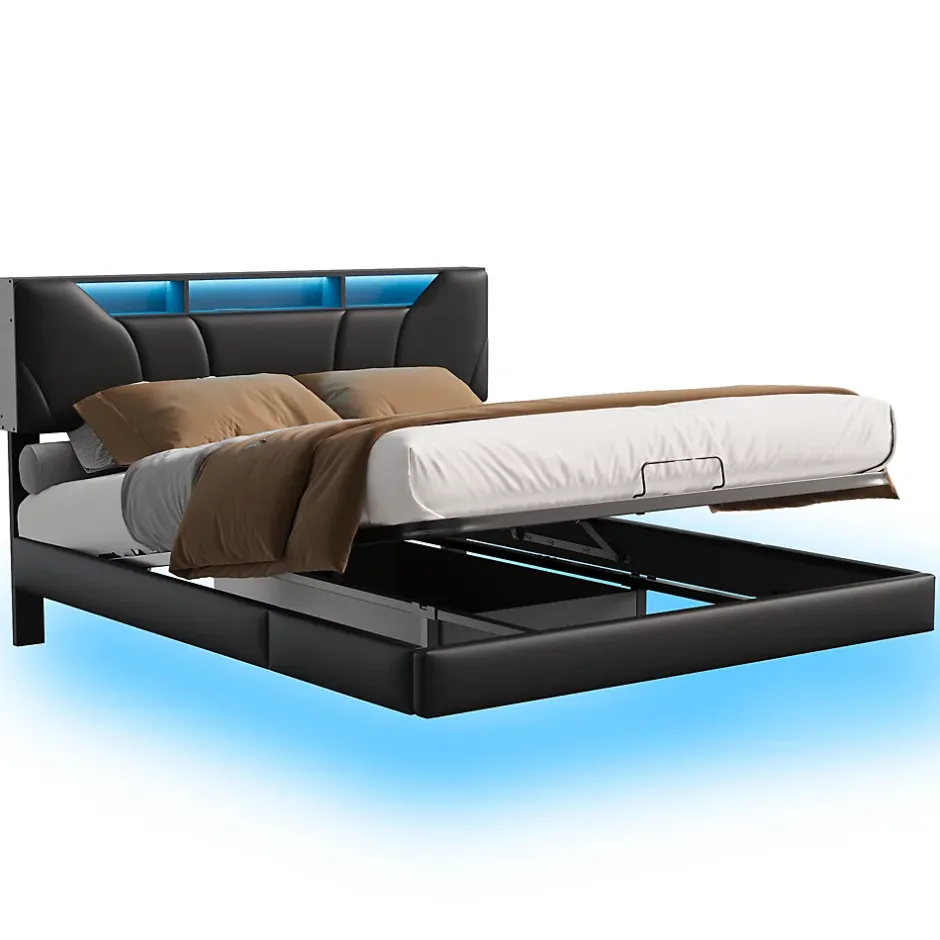Fortuna lai Lit Coffre 160x200 avec Sommier LED Hydraulique avec Rangement et Tete de Lit 2 Personnes Lits pour Adulte Coffre Noir+PU