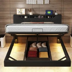 Fortuna lai Lit Coffre 160x200 avec Sommier LED Hydraulique avec Rangement et Tete de Lit 2 Personnes Lits pour Adulte Coffre Noir+PU