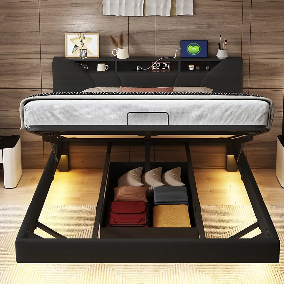 Fortuna lai Lit Coffre 160x200 avec Sommier LED Hydraulique avec Rangement et Tete de Lit 2 Personnes Lits pour Adulte Coffre Noir+PU