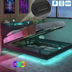 Fortuna lai Lit Coffre 160x200 avec Sommier LED Hydraulique avec Rangement et Tete de Lit 2 Personnes Lits pour Adulte Coffre Noir+PU