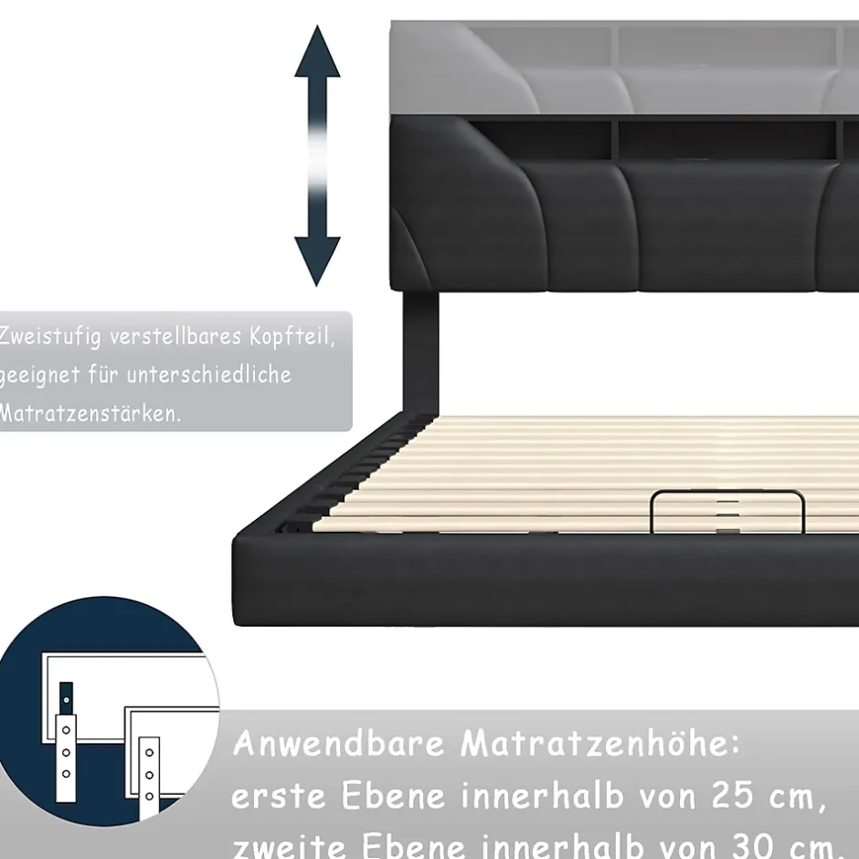 Fortuna lai Lit Coffre 160x200 avec Sommier LED Hydraulique avec Rangement et Tete de Lit 2 Personnes Lits pour Adulte Coffre Noir+PU