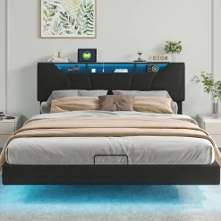 Fortuna lai Lit Coffre 160x200 avec Sommier LED Hydraulique avec Rangement et Tete de Lit 2 Personnes Lits pour Adulte Coffre Noir+PU
