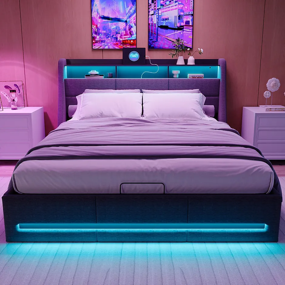Simple Life Lit Coffre 140x200 avec Sommier, Lit Coffre avec Port USB de Type C, éclairage LED, Lin, Gris