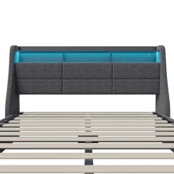 Simple Life Lit Coffre 140x200 avec Sommier, Lit Coffre avec Port USB de Type C, éclairage LED, Lin, Gris