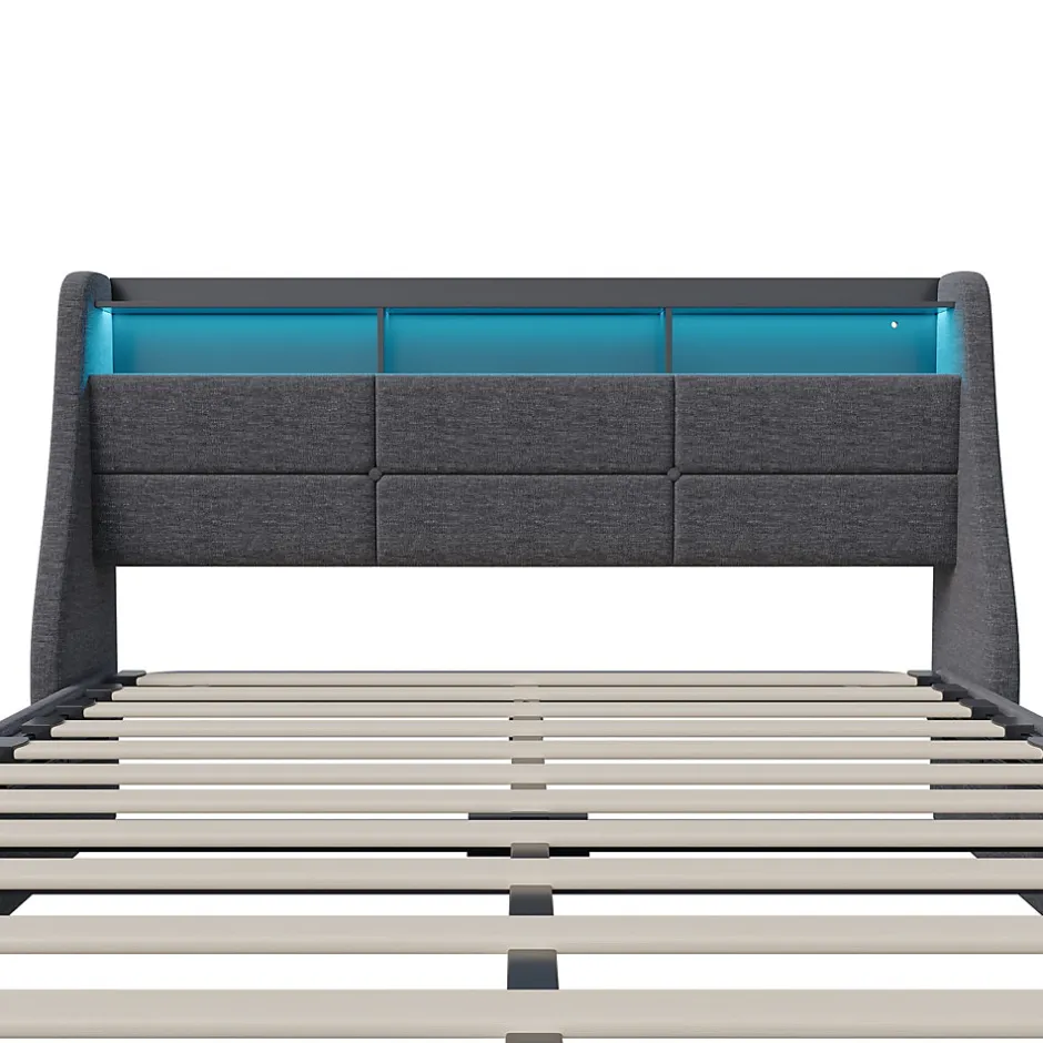Simple Life Lit Coffre 140x200 avec Sommier, Lit Coffre avec Port USB de Type C, éclairage LED, Lin, Gris
