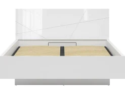 Pegane Lit coffre 160x200 avec sommier et rangement, coloris Blanc brillant/Blanc haute brillance - L. 206 x P. 169,5 x H. 98,5/43 cm