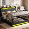 Simple Life Lit Coffre 140x200 Avec Sommier Et USB, LED, Cadre De Lit Avec Rangement Et Tete De Lit, Noir
