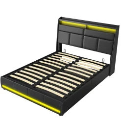 Simple Life Lit Coffre 140x200 Avec Sommier Et USB, LED, Cadre De Lit Avec Rangement Et Tete De Lit, Noir