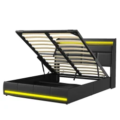 Simple Life Lit Coffre 140x200 Avec Sommier Et USB, LED, Cadre De Lit Avec Rangement Et Tete De Lit, Noir
