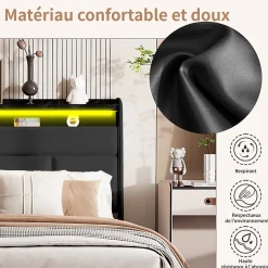 Simple Life Lit Coffre 140x200 Avec Sommier Et USB, LED, Cadre De Lit Avec Rangement Et Tete De Lit, Noir