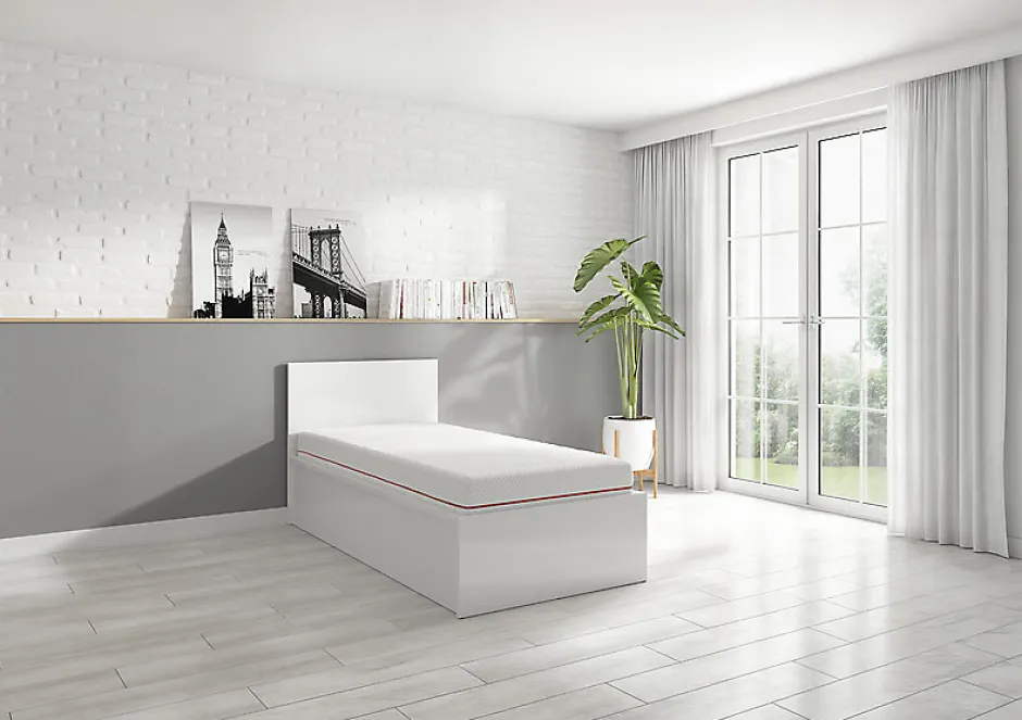 Pegane Lit coffre 90x200 avec sommier et rangement, coloris Blanc brillant - Longueur 204,5 x Profondeur 99 x Hauteur 95/40,5 cm