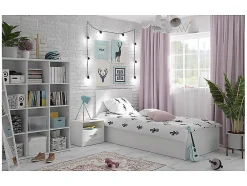 Pegane Lit coffre 90x200 avec sommier et rangement, coloris Blanc brillant - Longueur 204,5 x Profondeur 99 x Hauteur 95/40,5 cm