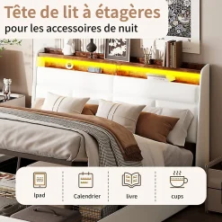 Simple Life Lit Coffre 160x200 Avec Sommier Et USB, LED, Cadre De Lit Avec Rangement Et Tete De Lit, Blanc