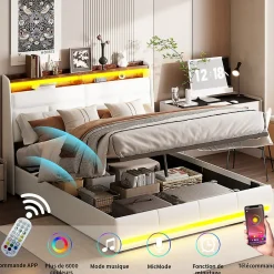 Simple Life Lit Coffre 160x200 Avec Sommier Et USB, LED, Cadre De Lit Avec Rangement Et Tete De Lit, Blanc