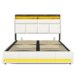 Simple Life Lit Coffre 160x200 Avec Sommier Et USB, LED, Cadre De Lit Avec Rangement Et Tete De Lit, Blanc