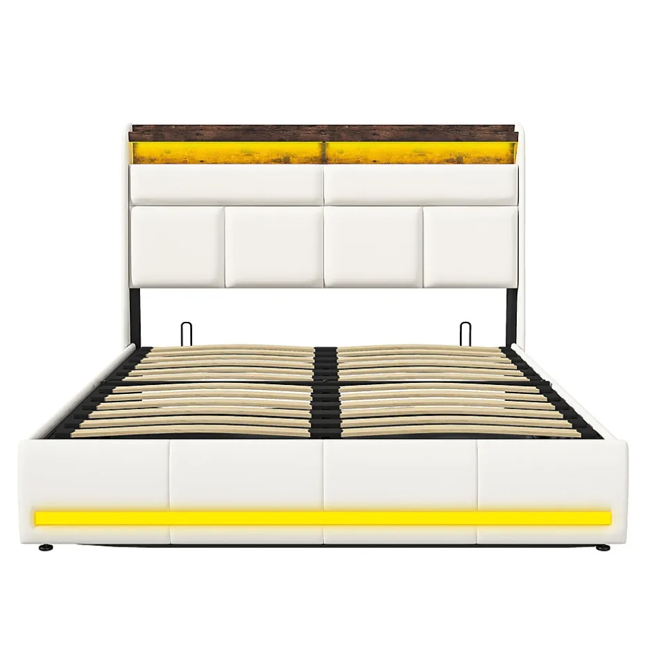 Simple Life Lit Coffre 160x200 Avec Sommier Et USB, LED, Cadre De Lit Avec Rangement Et Tete De Lit, Blanc