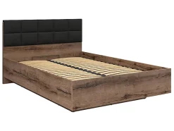 Pegane Lit coffre 140x200 avec tête de lit rembourrée noir, sommier et rangement ,coloris Chêne marron foncé