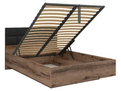 Pegane Lit coffre 140x200 avec tête de lit rembourrée noir, sommier et rangement ,coloris Chêne marron foncé