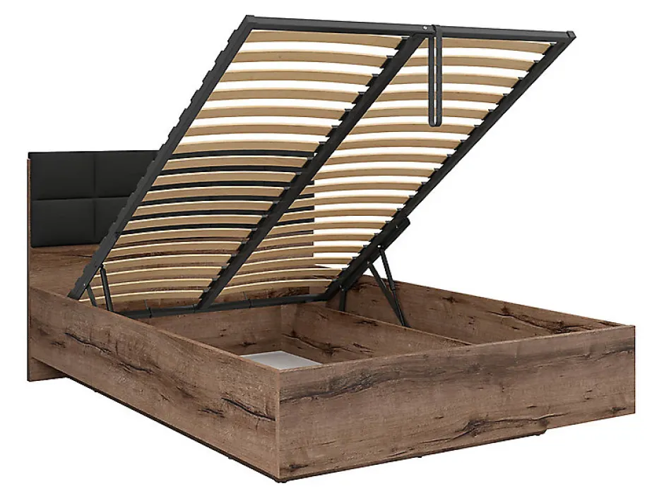 Pegane Lit coffre 140x200 avec tête de lit rembourrée noir, sommier et rangement ,coloris Chêne marron foncé