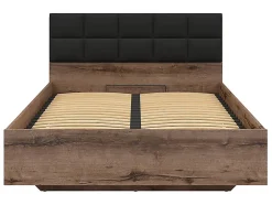 Pegane Lit coffre 140x200 avec tête de lit rembourrée noir, sommier et rangement ,coloris Chêne marron foncé