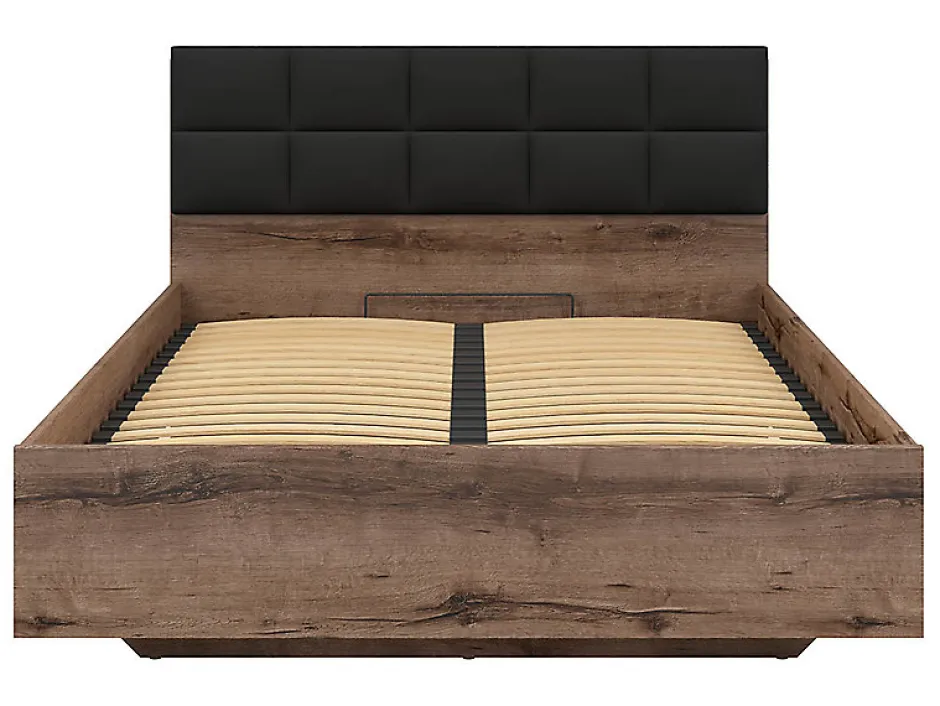 Pegane Lit coffre 140x200 avec tête de lit rembourrée noir, sommier et rangement ,coloris Chêne marron foncé