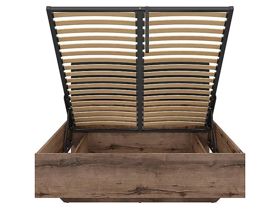 Pegane Lit coffre 140x200 avec tête de lit rembourrée noir, sommier et rangement ,coloris Chêne marron foncé