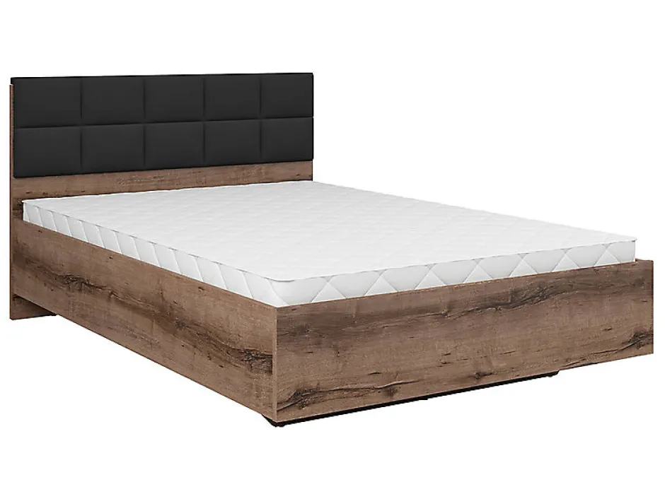 Pegane Lit coffre 140x200 avec tête de lit rembourrée noir, sommier et rangement ,coloris Chêne marron foncé