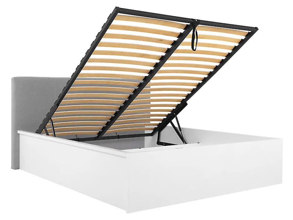 Pegane Lit coffre 160x200 avec tête de lit capitonnée ,coloris Blanc brillant/Textile Noir - L. 209,5 x P. 176 x H. 95/40,5 cm