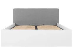 Pegane Lit coffre 160x200 avec tête de lit capitonnée ,coloris Blanc brillant/Textile Noir - L. 209,5 x P. 176 x H. 95/40,5 cm