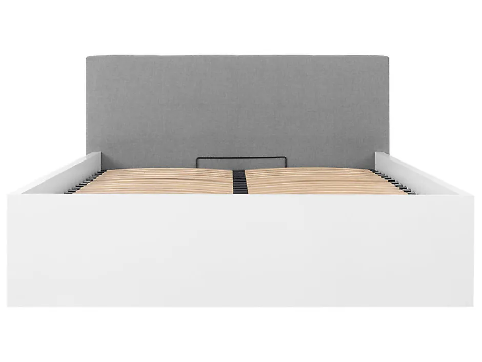 Pegane Lit coffre 160x200 avec tête de lit capitonnée ,coloris Blanc brillant/Textile Noir - L. 209,5 x P. 176 x H. 95/40,5 cm
