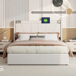 Simple Life Lit Coffre 140x200 avec USB et Type C, Lit capitonné avec Sommier à Lattes, Lit Double, Beige