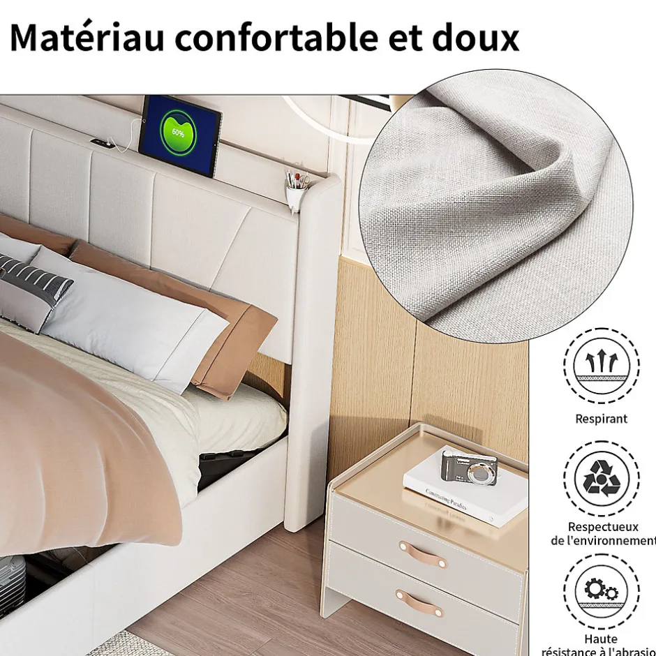 Simple Life Lit Coffre 140x200 avec USB et Type C, Lit capitonné avec Sommier à Lattes, Lit Double, Beige