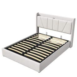Simple Life Lit Coffre 140x200 avec USB et Type C, Lit capitonné avec Sommier à Lattes, Lit Double, Beige