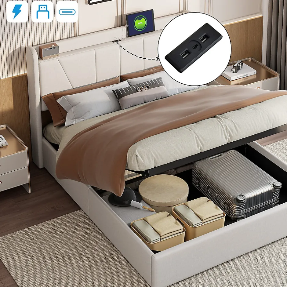 Simple Life Lit Coffre 140x200 avec USB et Type C, Lit capitonné avec Sommier à Lattes, Lit Double, Beige
