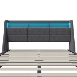ProximaX Lit coffre 140x200 cm, avec rangement hydraulique, LED multicolore, USB et tête de lit avec prise, Gris
