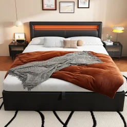 Okwish Lit Coffre 140x190 cm - Capitonné avec LED Multicolores et Rangement - Simili Cuir Noir - Sans Matelas Sale
