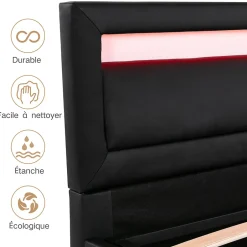 Okwish Lit Coffre 140x190 cm - Capitonné avec LED Multicolores et Rangement - Simili Cuir Noir - Sans Matelas Sale