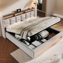 Okwish Lit coffre 160x200 cm - Lit ados avec USB et LED - Lin - Sans Matelas - Beige New