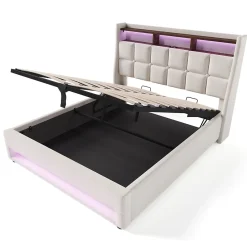 Okwish Lit coffre 160x200 cm - Lit ados avec USB et LED - Lin - Sans Matelas - Beige New