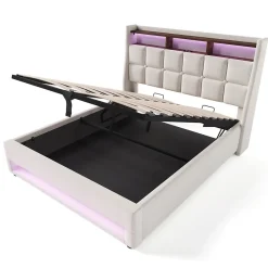 Okwish Lit coffre 180x200 cm - Lit ados avec USB et LED - Lin - Sans Matelas - Beige