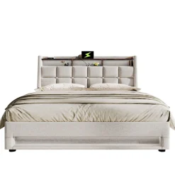 Okwish Lit coffre 180x200 cm - Lit ados avec USB et LED - Lin - Sans Matelas - Beige
