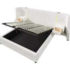 Okwish Lit Coffre 180x200 cm - Lit Adulte avec LED et 2 Tiroirs - Velours + MDF - Sans Matelas - Beige Outlet